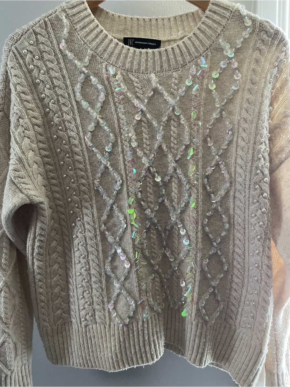 INC International Concepts Cream Knit Sweater w/ sequins & pearl like beading